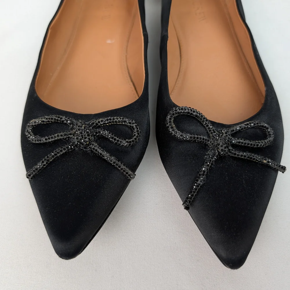 J. Crew Black Satin Pointed Toe Bow Flats - Picture 5 of 13